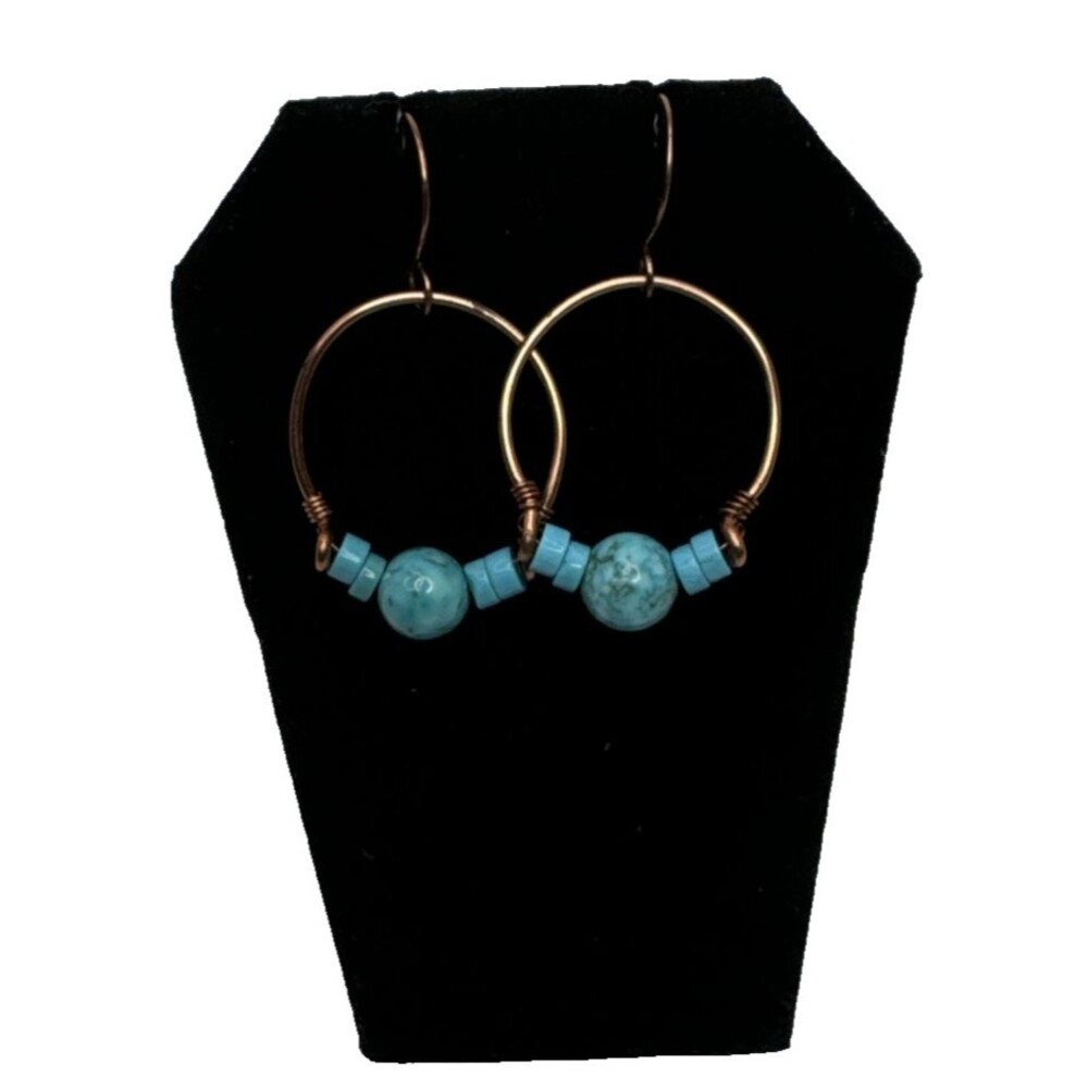 Copper And Turquoise Gemstone Half Hoop Earrings Handcrafted Made In USA Boho
